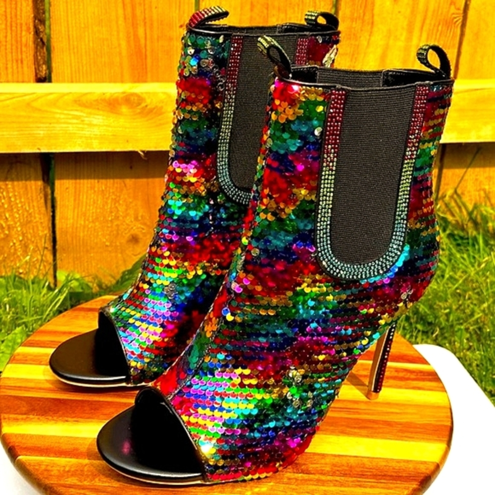 *Cape Robbin Open Toe Multicolor Sequin High Heel Booties - Picture 2 of 11